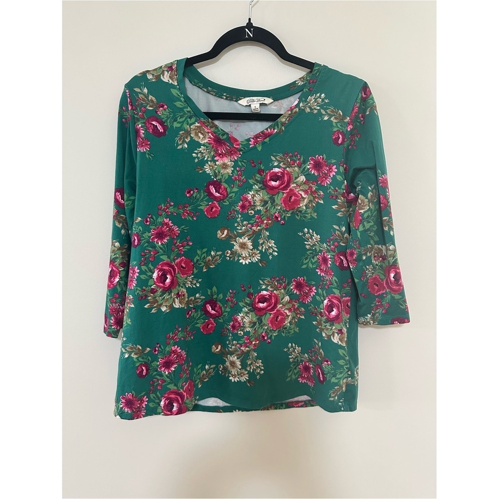 Cottagecore Floral The Pioneer Woman V-Neck Top S Green Pink Rose